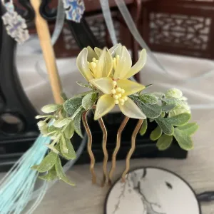 1 pcs Rabithenn Narcissus with leaves Hairpin Chinese Hanfu Style Hair Fork Retro Flower with Resin Handmade Hair Clip Hair Accessories for Women Girls Long Hair (Narcissus)