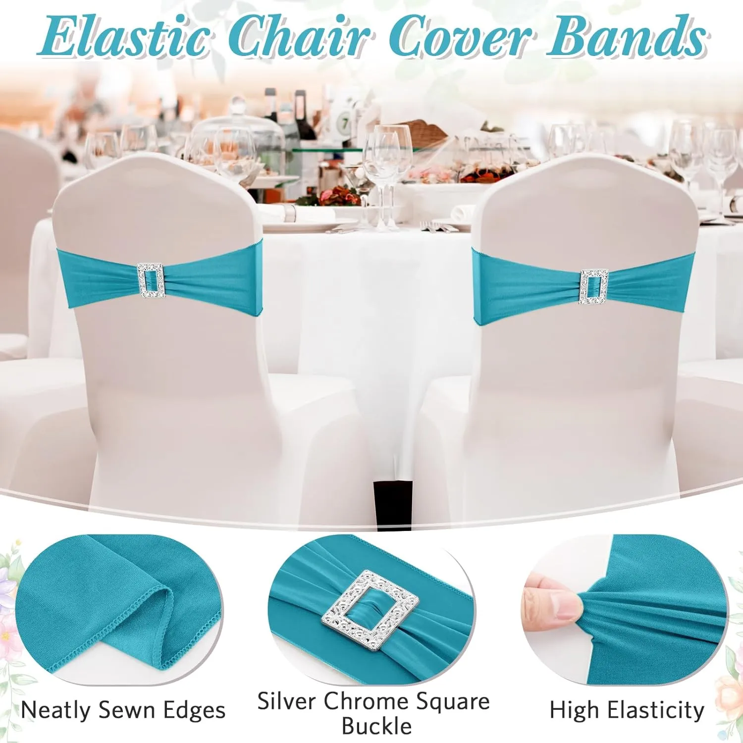 100 Pcs Spandex Chair Sashes with Square Buckle Slider Stretch Chair Cover Band Universal Elastic Ties Straps Bows for Wedding Banquet Event Party Decoration(Lake Blue)