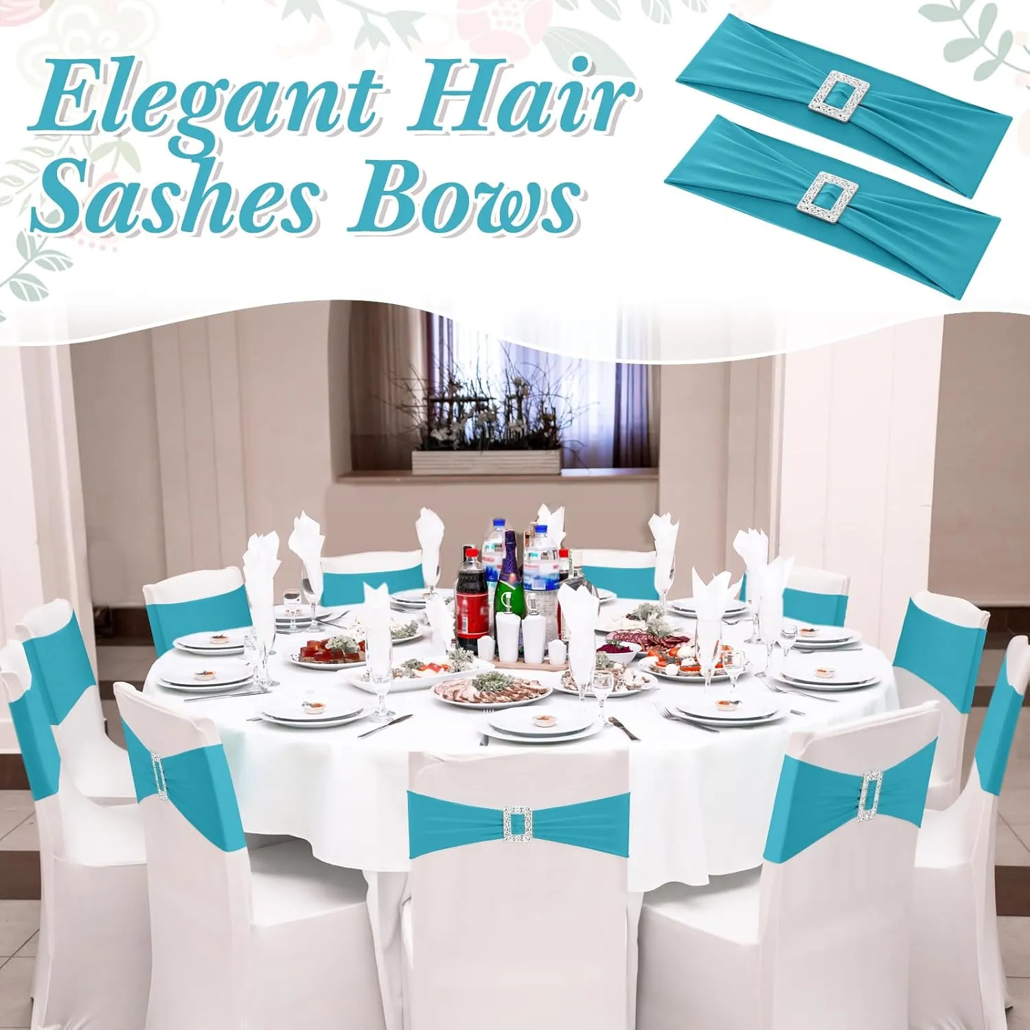 100 Pcs Spandex Chair Sashes with Square Buckle Slider Stretch Chair Cover Band Universal Elastic Ties Straps Bows for Wedding Banquet Event Party Decoration(Lake Blue)