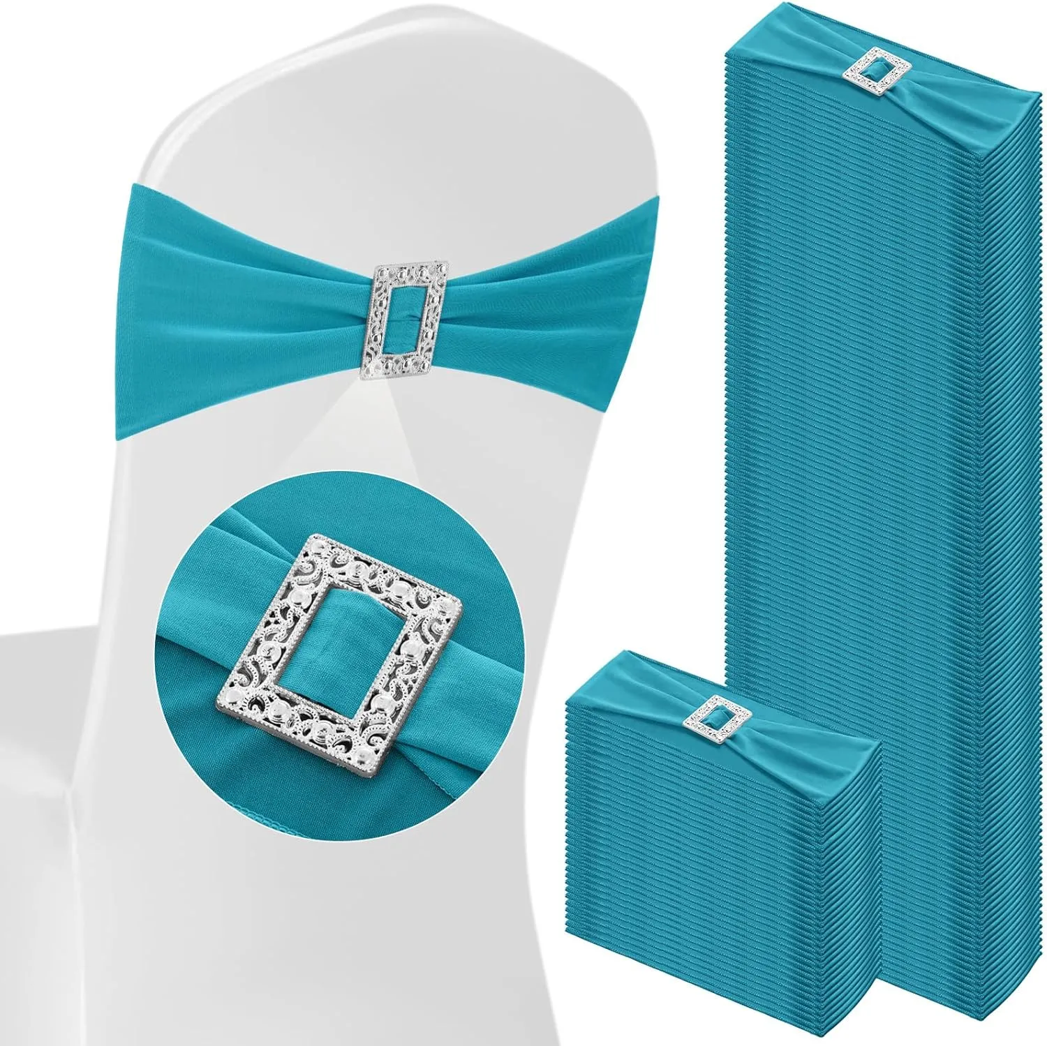100 Pcs Spandex Chair Sashes with Square Buckle Slider Stretch Chair Cover Band Universal Elastic Ties Straps Bows for Wedding Banquet Event Party Decoration(Lake Blue)