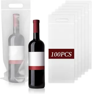 100 Pcs To Go Bags for Wine with Handles - 6.3" x 15.7" Thick Clear Plastic Bags with Handles - Great for Restaurant Bar Party Wedding Travel Gifts - Tamper Proof Seal