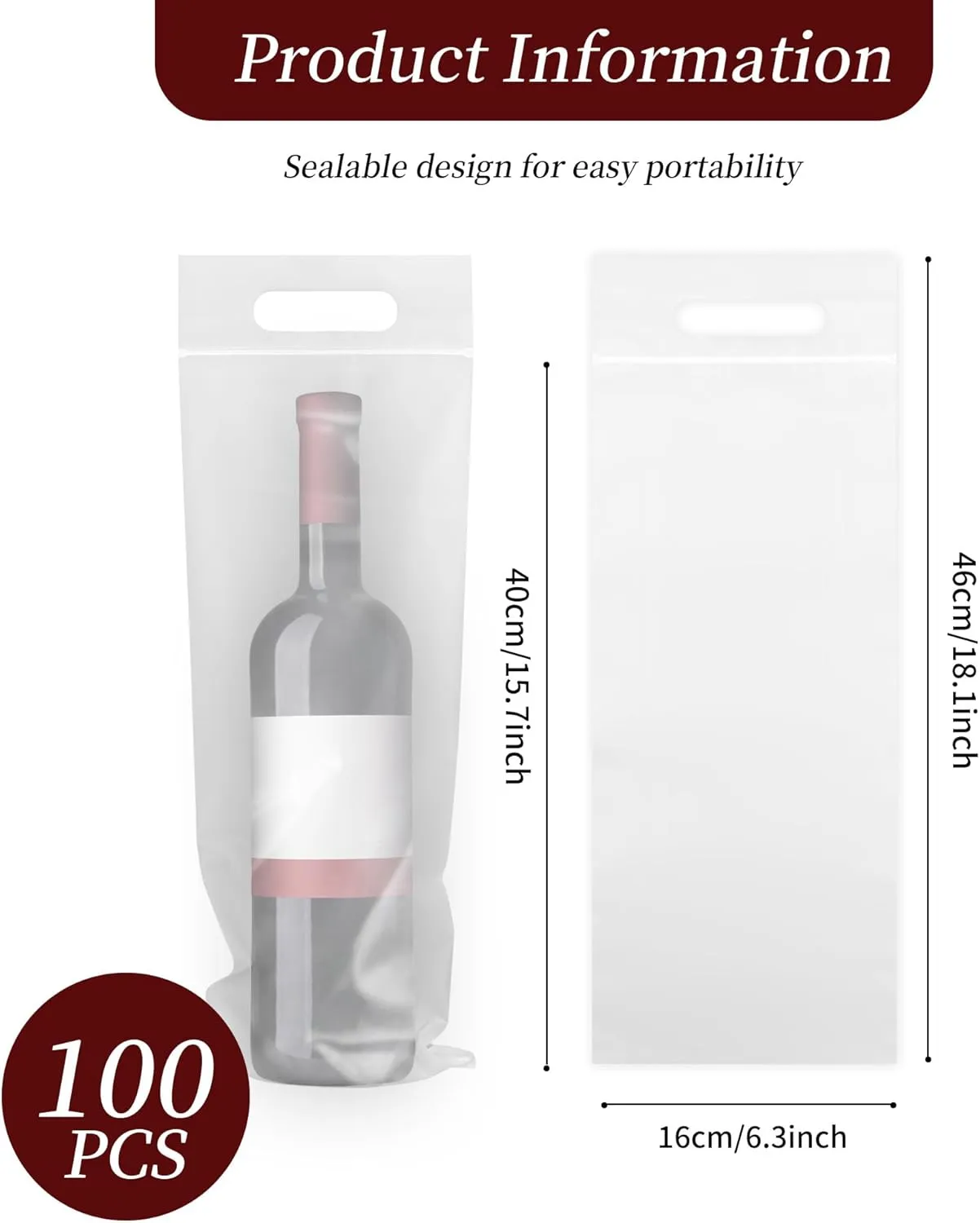 100 Pcs To Go Bags for Wine with Handles - 6.3" x 15.7" Thick Clear Plastic Bags with Handles - Great for Restaurant Bar Party Wedding Travel Gifts - Tamper Proof Seal