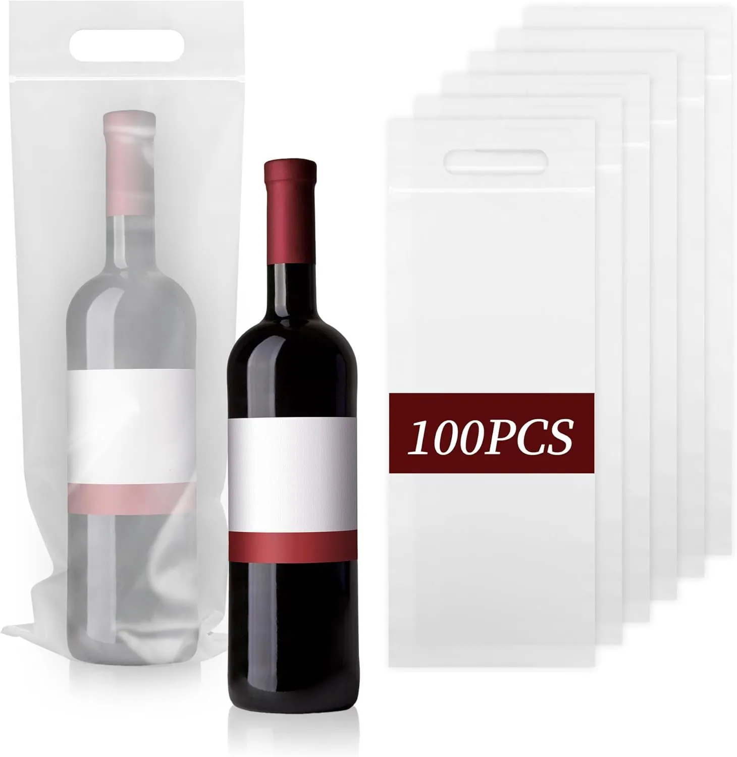 100 Pcs To Go Bags for Wine with Handles - 6.3" x 15.7" Thick Clear Plastic Bags with Handles - Great for Restaurant Bar Party Wedding Travel Gifts - Tamper Proof Seal