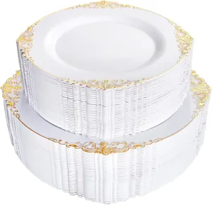 102PCS White and Gold Plastic Plates - Gold Disposable Plates Include 51PCS 7.5inch Dessert Plates, 51PCS 10.25inch Dinner Plates Perfect for Weddings Parties