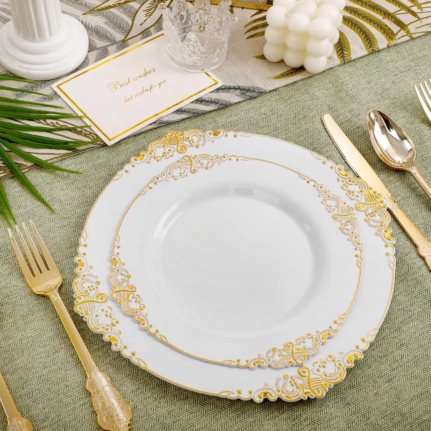 102PCS White and Gold Plastic Plates - Gold Disposable Plates Include 51PCS 7.5inch Dessert Plates, 51PCS 10.25inch Dinner Plates Perfect for Weddings Parties