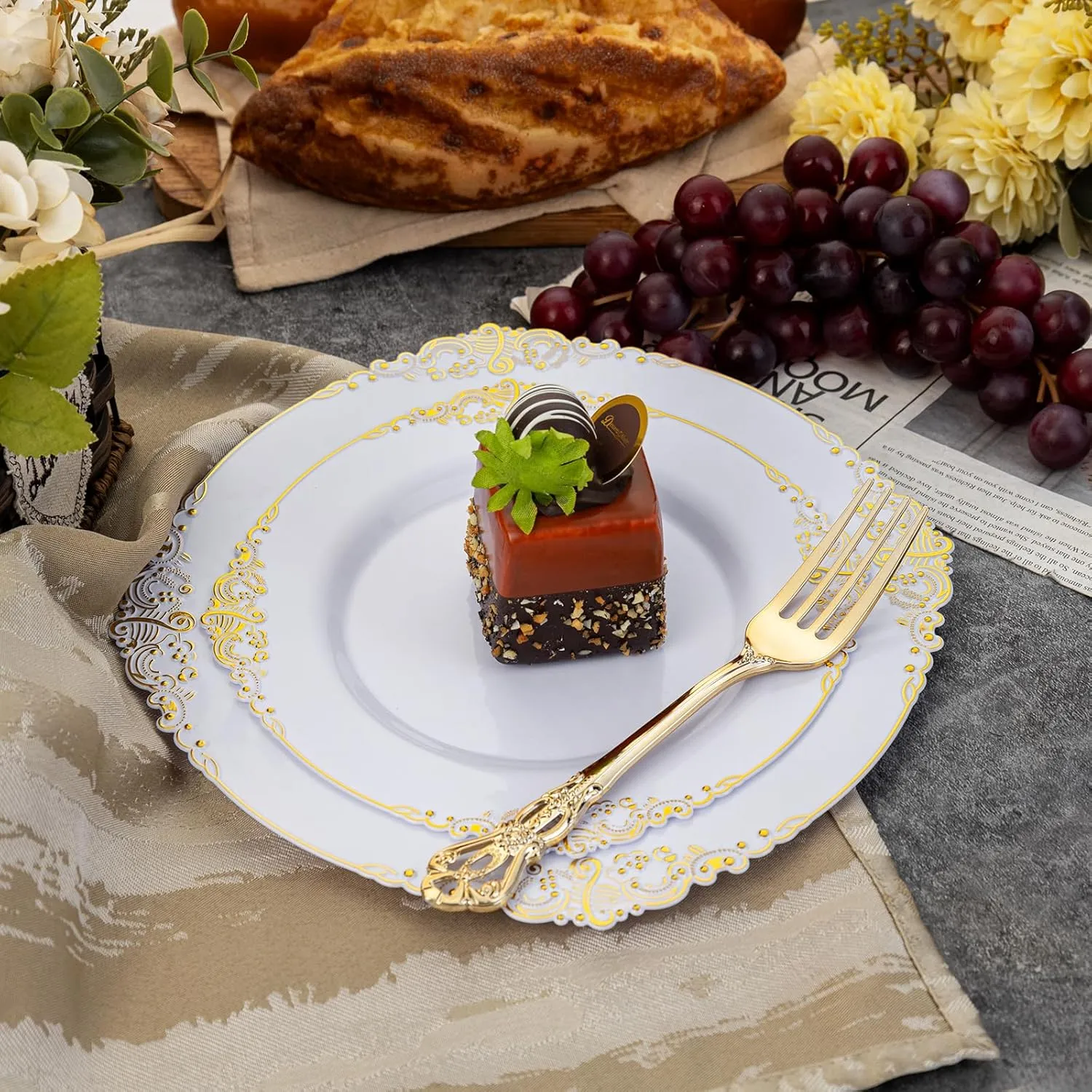 102PCS White and Gold Plastic Plates - Gold Disposable Plates Include 51PCS 7.5inch Dessert Plates, 51PCS 10.25inch Dinner Plates Perfect for Weddings Parties