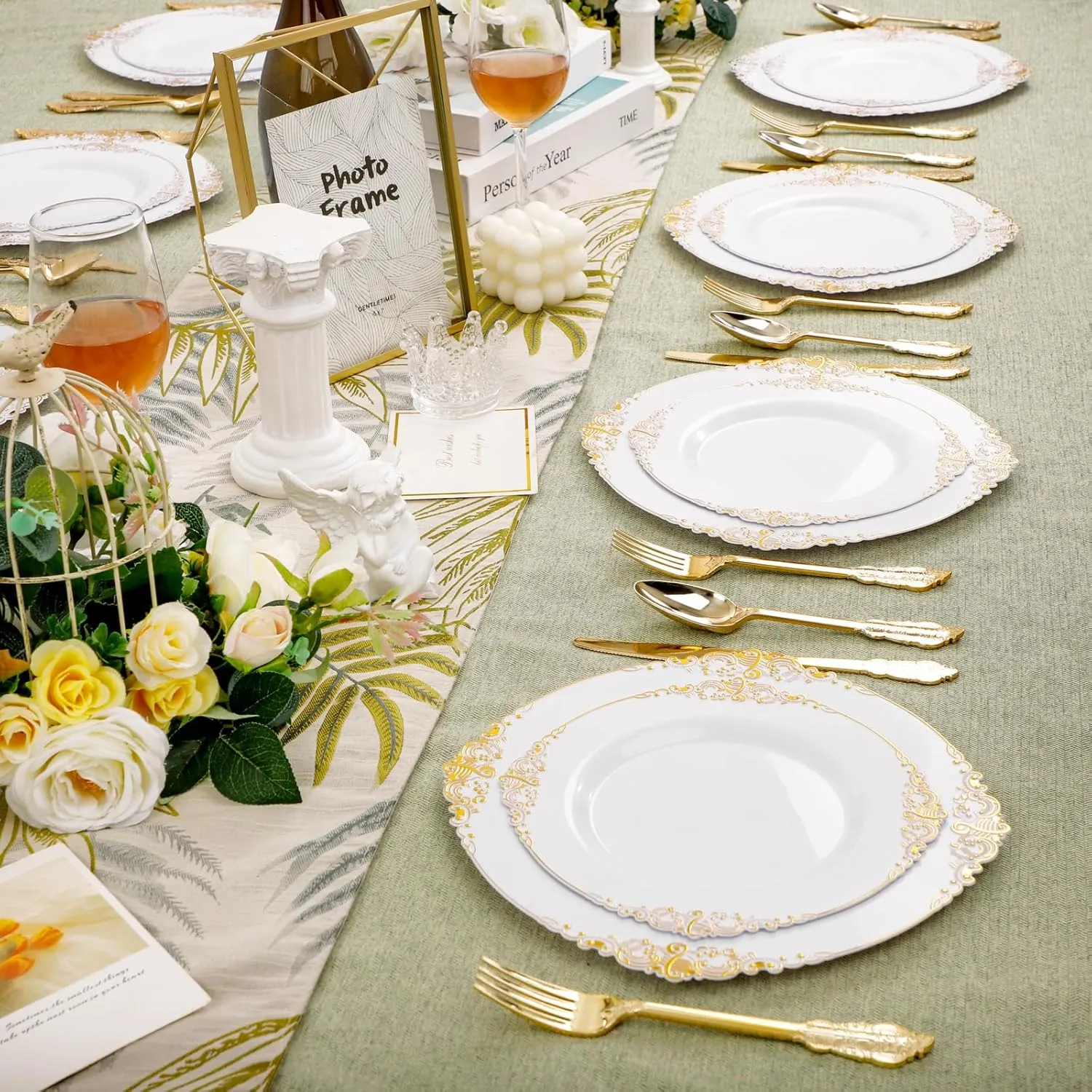 102PCS White and Gold Plastic Plates - Gold Disposable Plates Include 51PCS 7.5inch Dessert Plates, 51PCS 10.25inch Dinner Plates Perfect for Weddings Parties