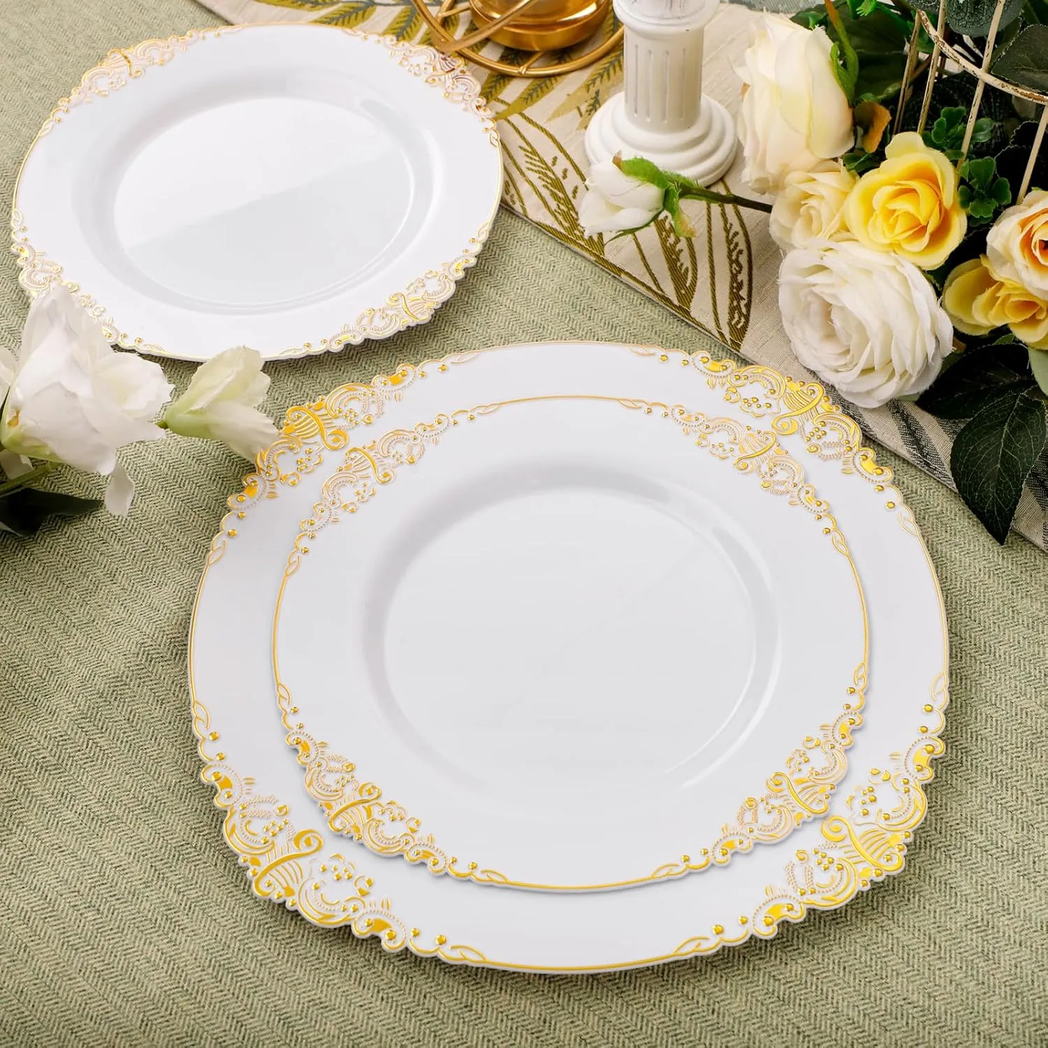 102PCS White and Gold Plastic Plates - Gold Disposable Plates Include 51PCS 7.5inch Dessert Plates, 51PCS 10.25inch Dinner Plates Perfect for Weddings Parties