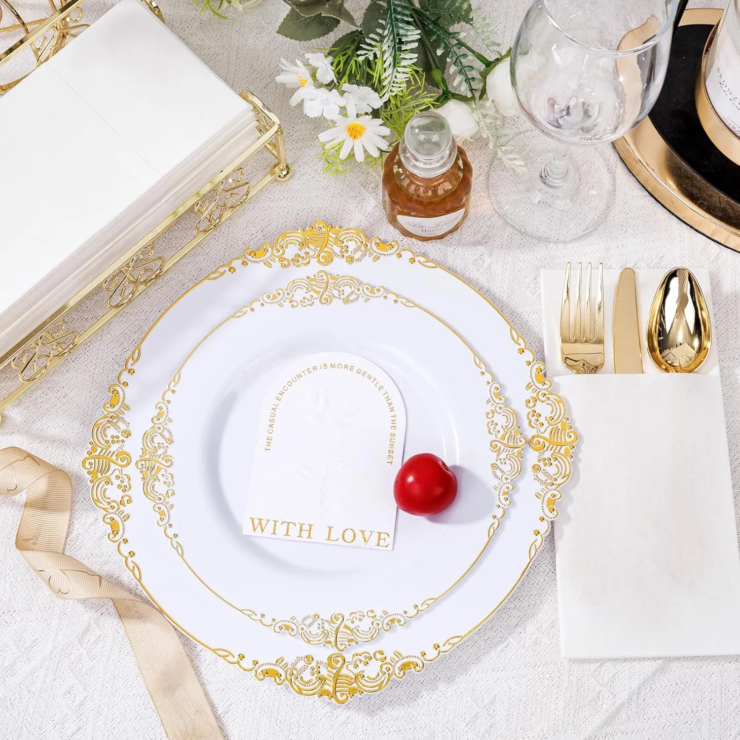 102PCS White and Gold Plastic Plates - Gold Disposable Plates Include 51PCS 7.5inch Dessert Plates, 51PCS 10.25inch Dinner Plates Perfect for Weddings Parties