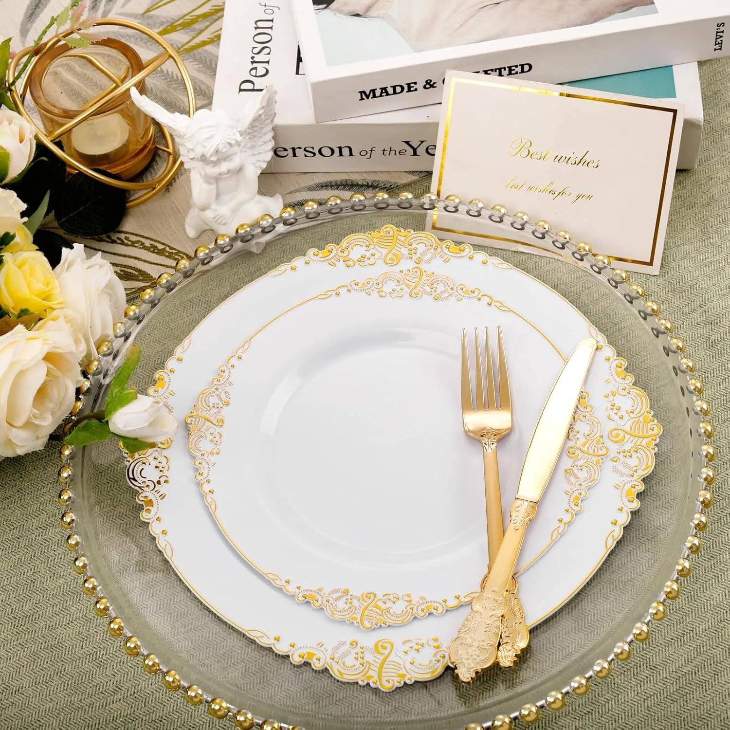 102PCS White and Gold Plastic Plates - Gold Disposable Plates Include 51PCS 7.5inch Dessert Plates, 51PCS 10.25inch Dinner Plates Perfect for Weddings Parties