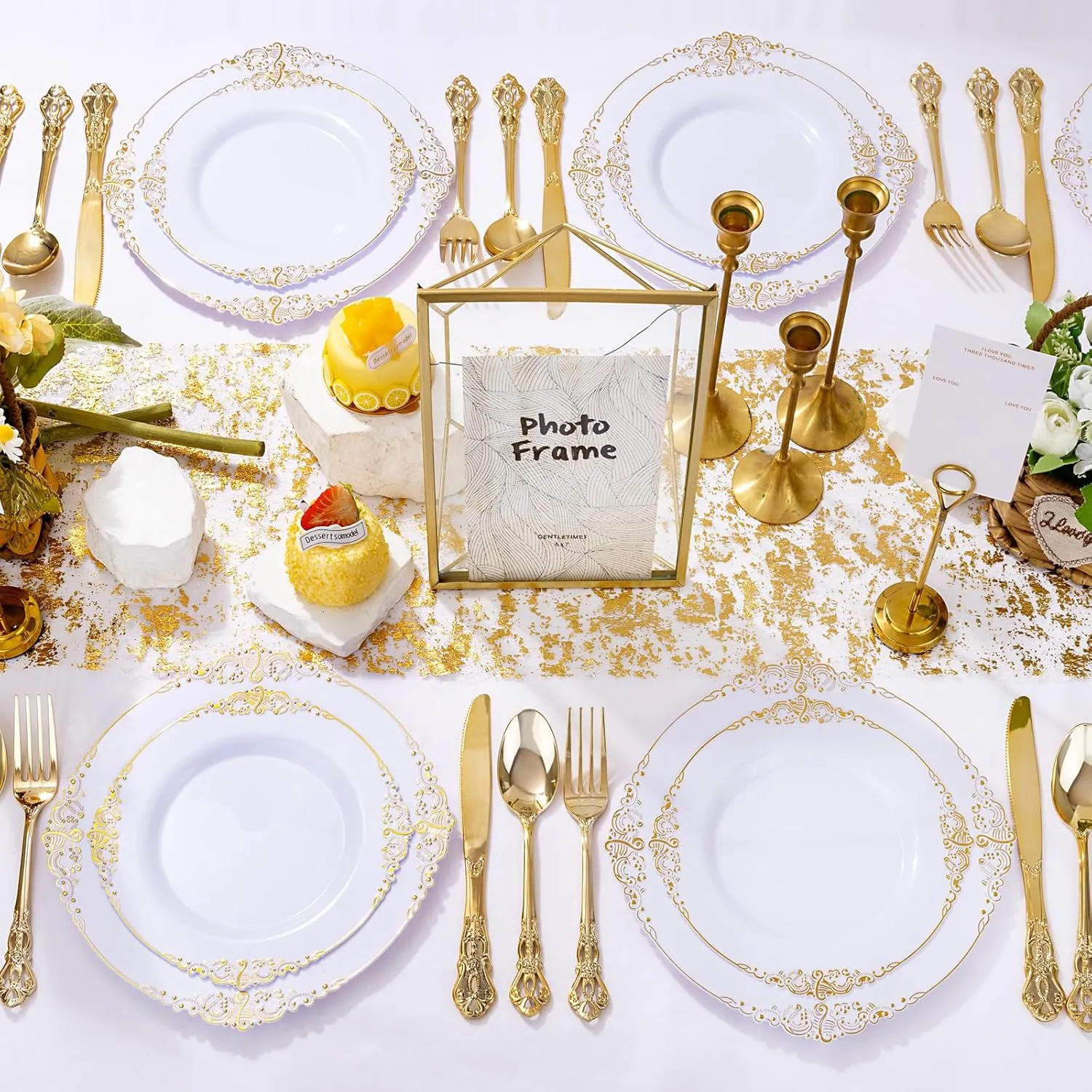 102PCS White and Gold Plastic Plates - Gold Disposable Plates Include 51PCS 7.5inch Dessert Plates, 51PCS 10.25inch Dinner Plates Perfect for Weddings Parties