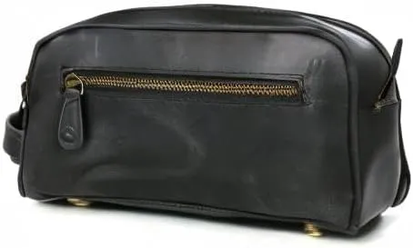 10.5" Premium Buffalo Leather Unisex Toiletry Bag Travel Pouch Dopp Kit With Shaving kit Accessories 3 Leather items :Shaving Brush Case, Razor Protective Travel Case (Black)