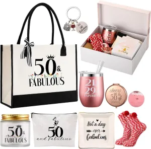11 Pcs 50th Birthday Gifts Sets for Women Include Tote Bag Makeup Bag Wine Tumbler Scented Candle Ring Tray Keychain Socks for Mom Wife Sister Coworker Happy 50 Birthday Gifts(1974 50th)