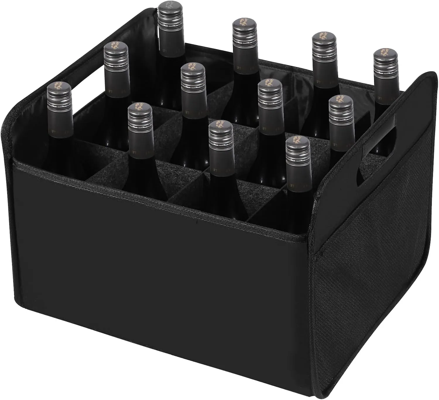 12 Bottle Wine Carrier, Collapsible Wine Bottle Storage Box Premium Felt Liquor Bottle Tote with Handles for Travel/Party/Picnic/Vacation, Black
