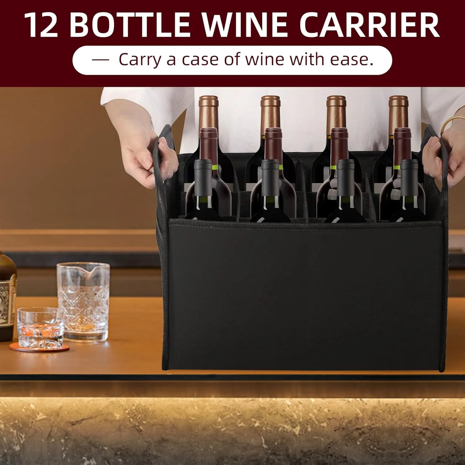 12 Bottle Wine Carrier, Collapsible Wine Bottle Storage Box Premium Felt Liquor Bottle Tote with Handles for Travel/Party/Picnic/Vacation, Black