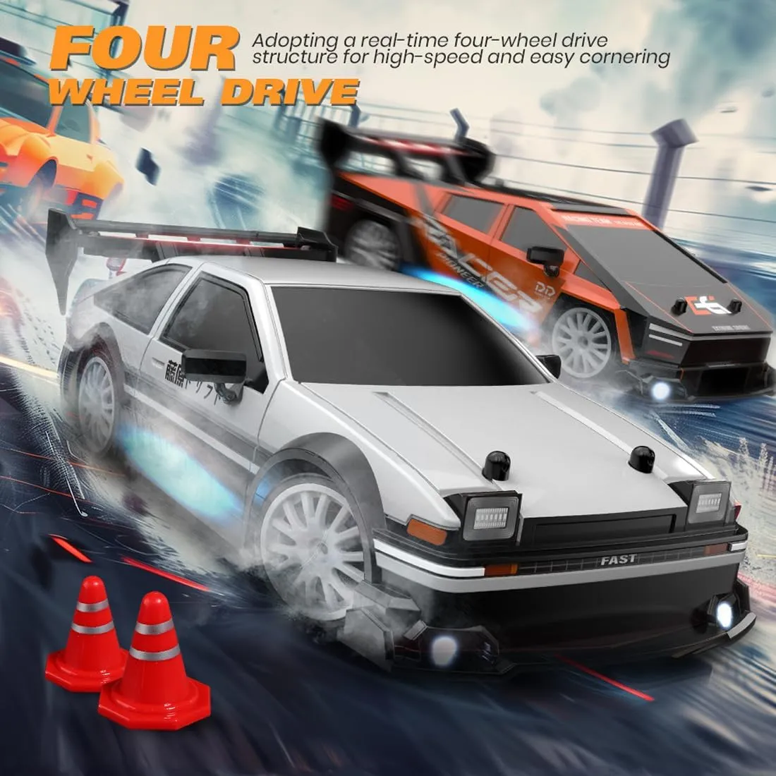 1/24 Scale Mini RC Drift Car for Adult, 2.4G 4WD Remote Control Racing Sport Car with LED Light, 30KM/H High Speed Electric RC Drift Vehicle Toy Gift
