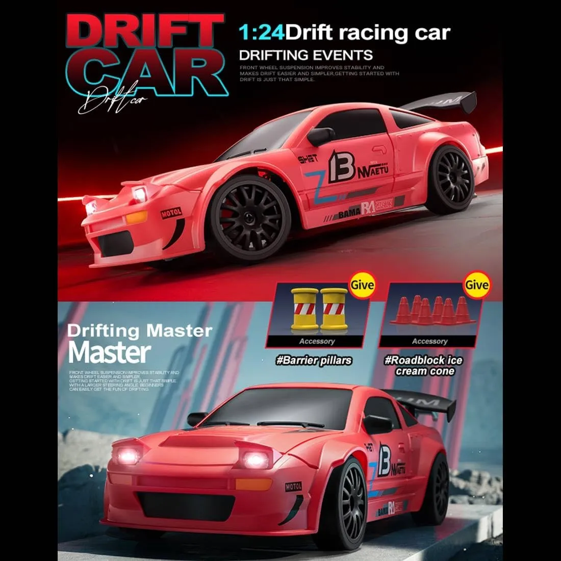 1/24 Scale RC Drift Car, 2.4G 4WD Full Proportional Control RC Sport Car with LED Light, RC Racing Toy for Hobbyist