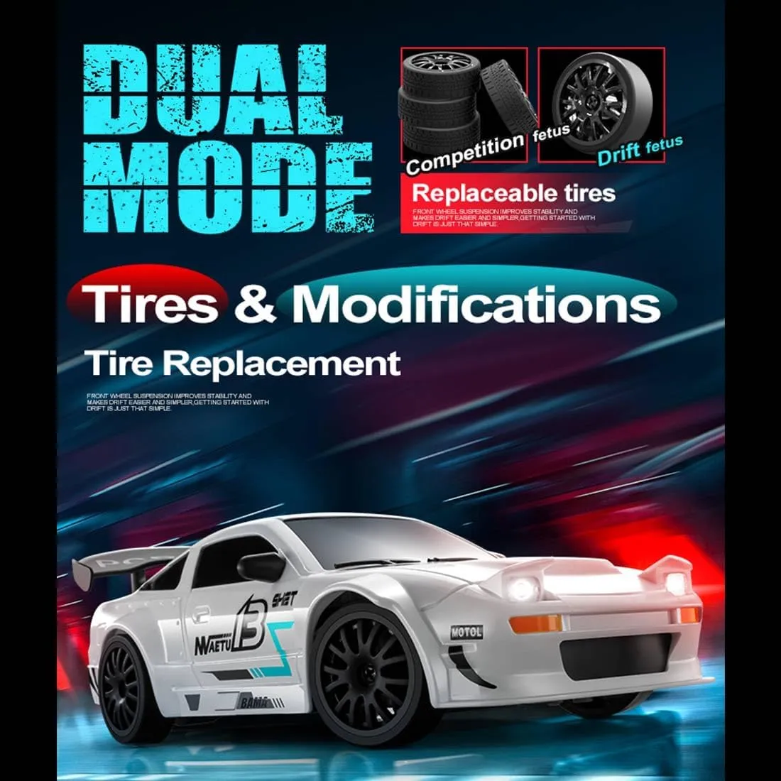 1/24 Scale RC Drift Car, 2.4G 4WD Full Proportional Control RC Sport Car with LED Light, RC Racing Toy for Hobbyist