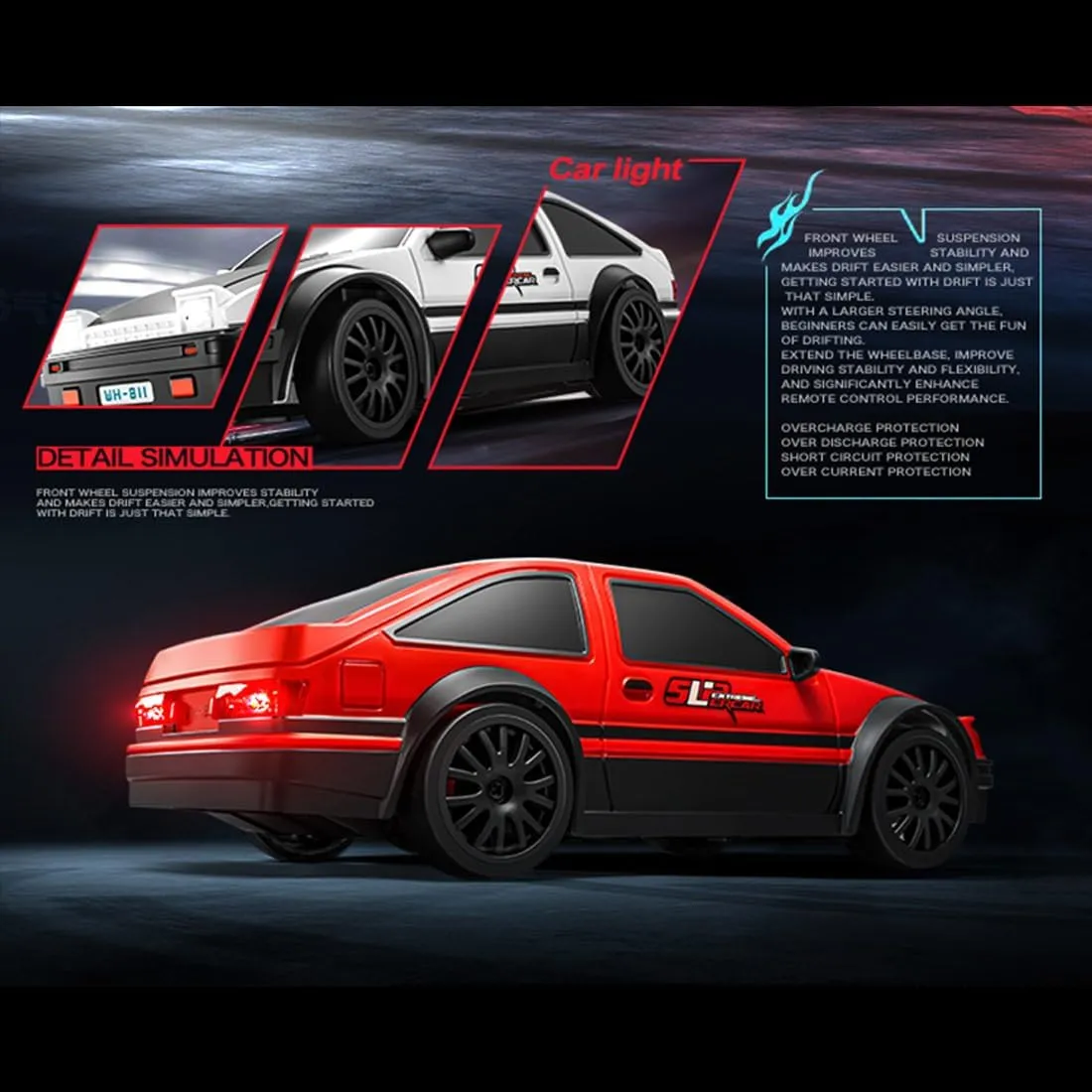 1/24 Scale RC Drift Car, 2.4G 4WD Full Proportional Control RC Sport Car with LED Light, RC Racing Toy for Hobbyist