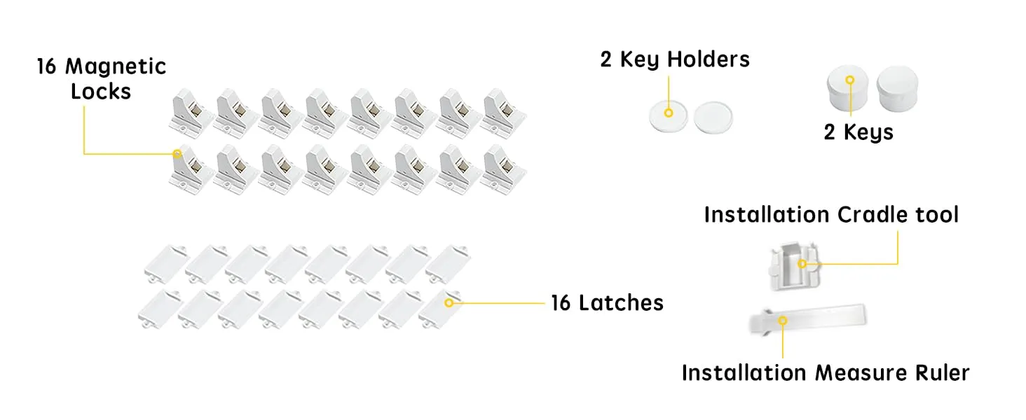 16 Pack Child Safety Magnetic Cabinet Locks - Vmaisi Children Proof Cupboard Baby Locks Latches - Adhesive for Cabinets & Drawers and Screws Fixed for Protection