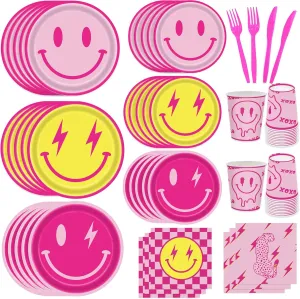180PCS Preppy Smiley Party Supplies for Girls Kids Birthday Baby Shower Party Decorations Pink Smile Face Durony Themed Tableware Set Plates Napkin Cups Set for 30 Guests