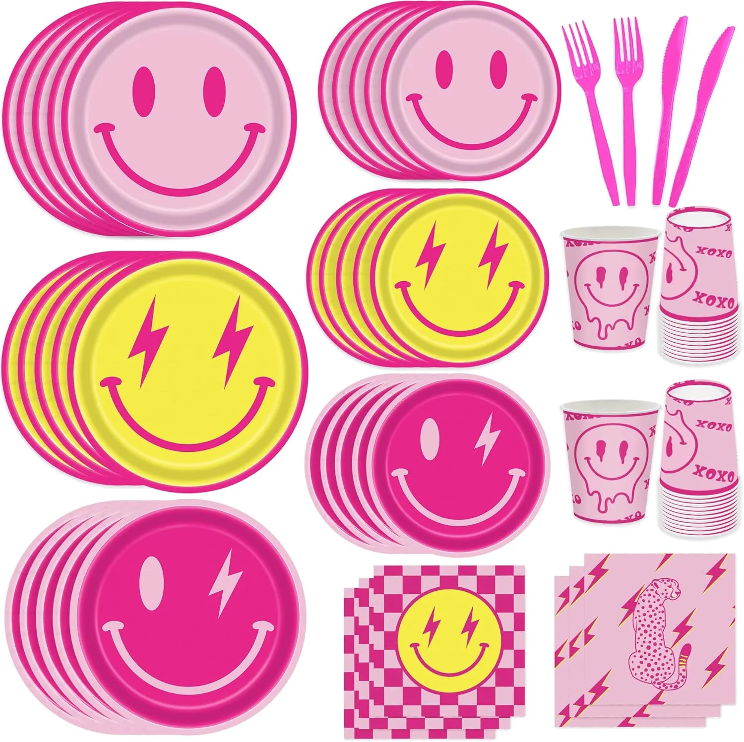 180PCS Preppy Smiley Party Supplies for Girls Kids Birthday Baby Shower Party Decorations Pink Smile Face Durony Themed Tableware Set Plates Napkin Cups Set for 30 Guests