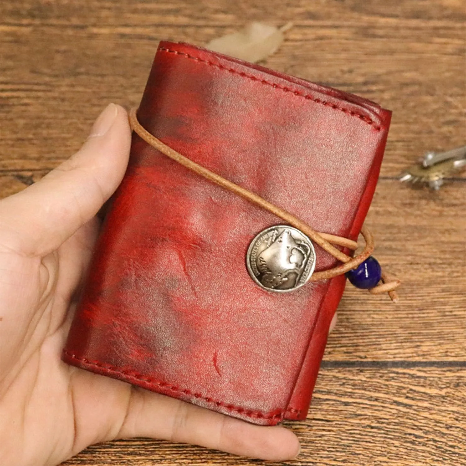 1PCS Leather Change Purse Drawstring Coin Purse Leather Coin Purse for Women Triple Compartment Leather Coin Purse (Red)