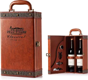 2 Bottle Wine Gift Box with 4 Accessories, Portable Wine Carrier Tote for Special Occasions, Vintage Leather Storage Box for Home Bar Decor