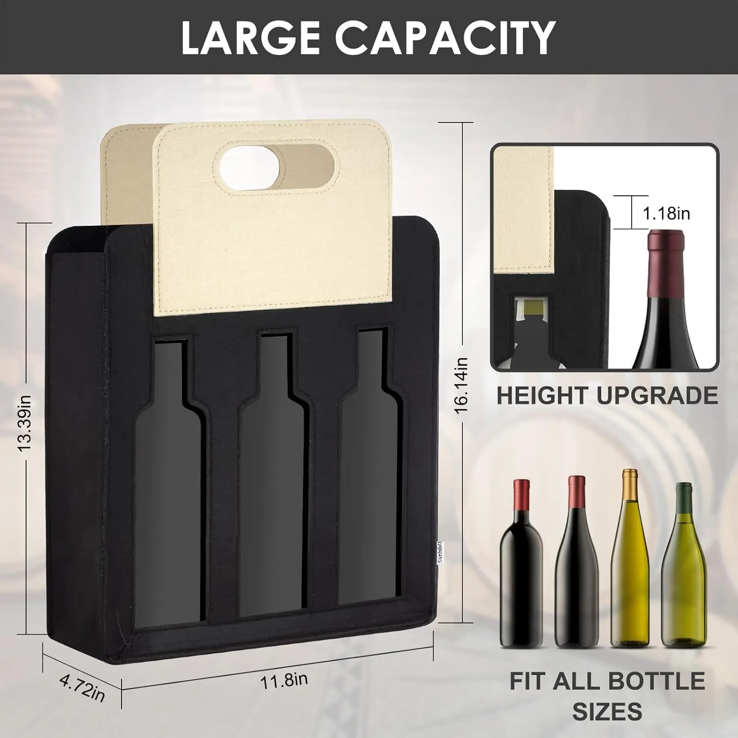 2 Bottle Wine Tote Carrier Portable Felt Wine Bag for Travel, BYOB Restaurant, Wine Tasting,Party,Great Christmas Day Gift for Wine Lover Candy Bag for Christmas Holiday Decorations (Black, 3 Bottle)