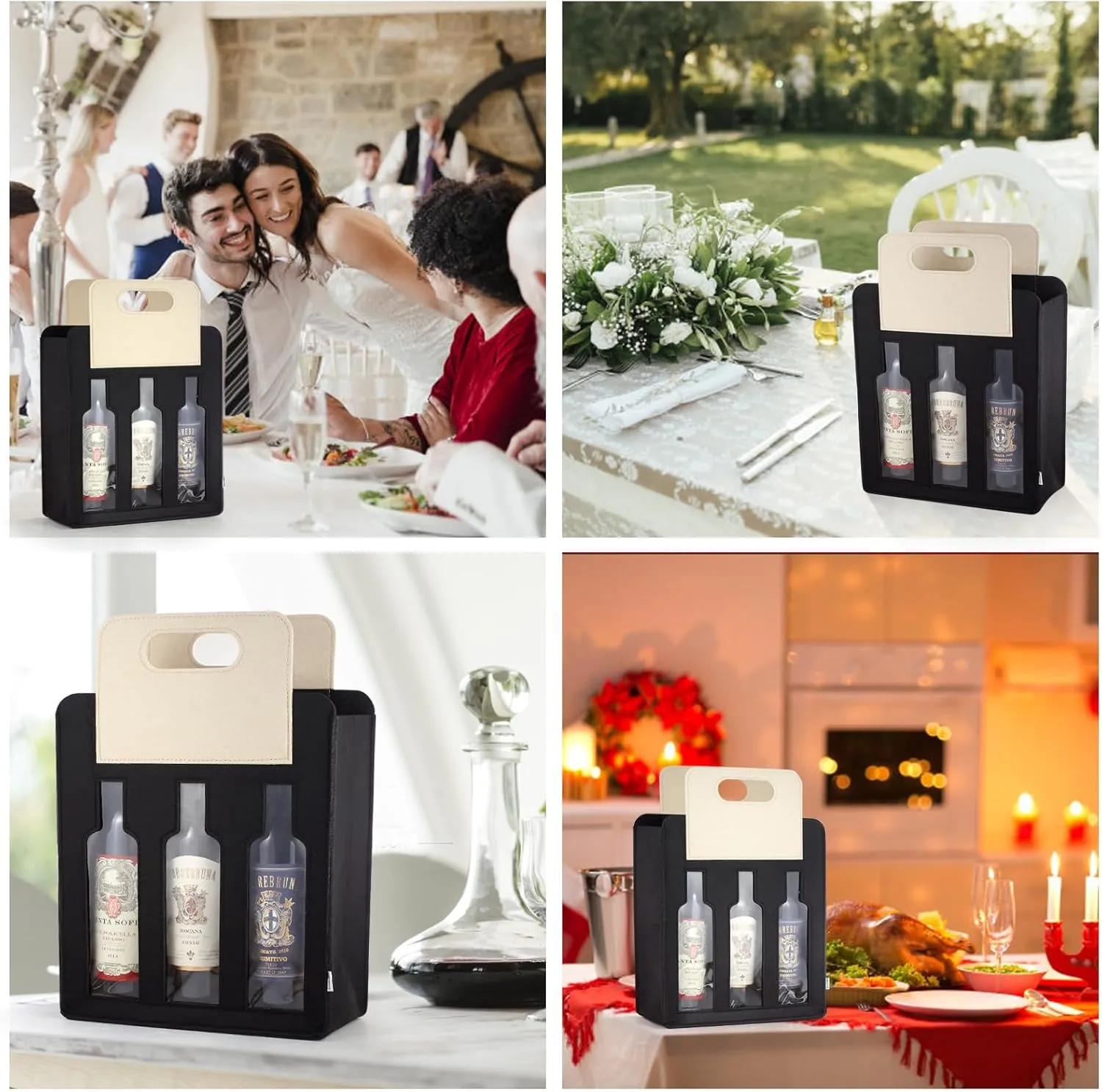 2 Bottle Wine Tote Carrier Portable Felt Wine Bag for Travel, BYOB Restaurant, Wine Tasting,Party,Great Christmas Day Gift for Wine Lover Candy Bag for Christmas Holiday Decorations (Black, 3 Bottle)