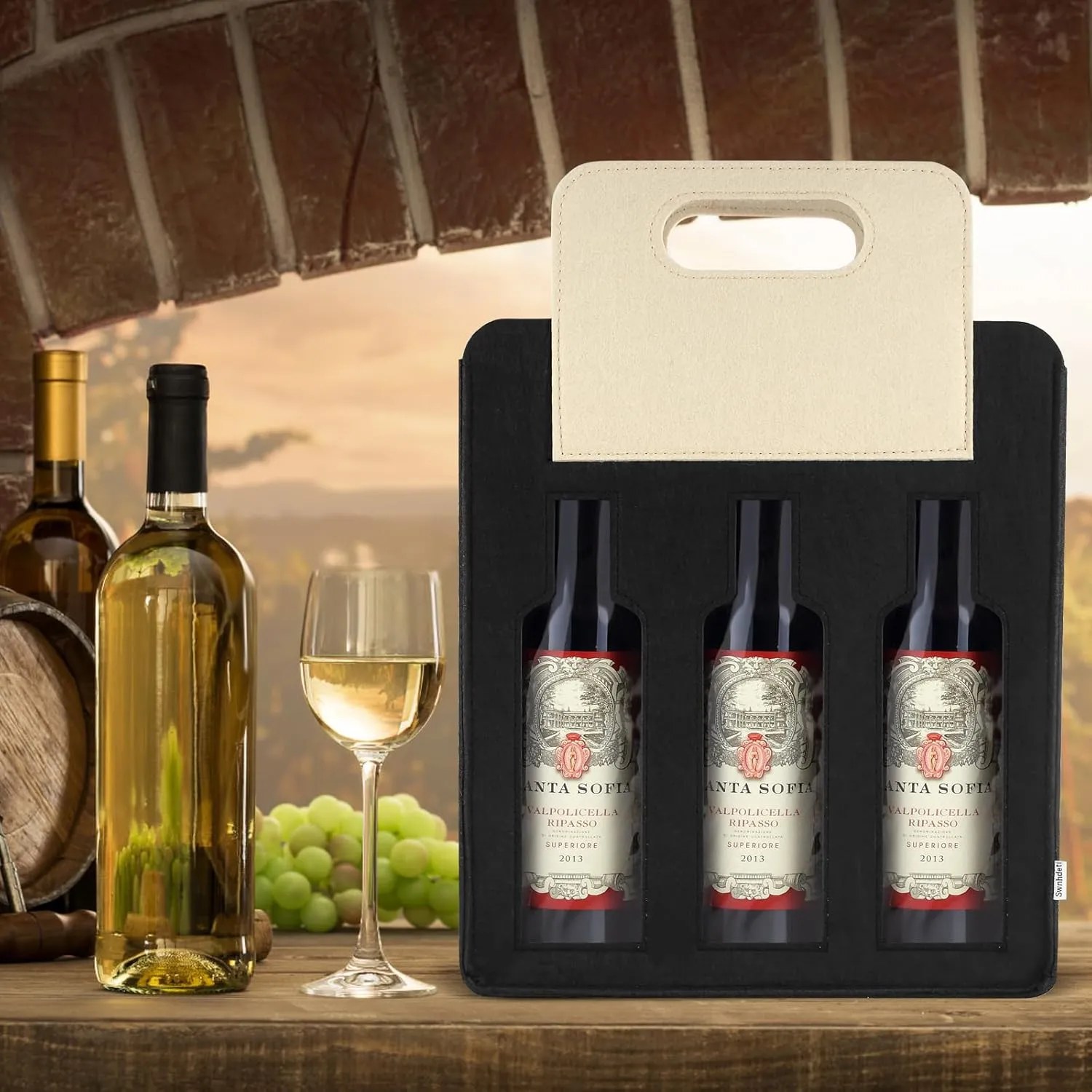 2 Bottle Wine Tote Carrier Portable Felt Wine Bag for Travel, BYOB Restaurant, Wine Tasting,Party,Great Christmas Day Gift for Wine Lover Candy Bag for Christmas Holiday Decorations (Black, 3 Bottle)