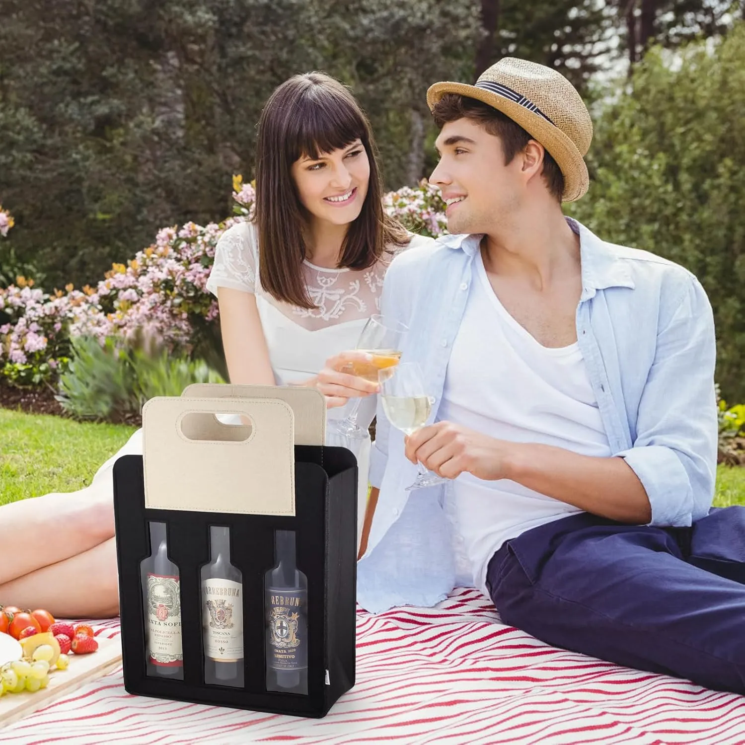 2 Bottle Wine Tote Carrier Portable Felt Wine Bag for Travel, BYOB Restaurant, Wine Tasting,Party,Great Christmas Day Gift for Wine Lover Candy Bag for Christmas Holiday Decorations (Black, 3 Bottle)