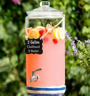 2 Gallon Beverage Serveware with Stainless Steel Spigot   Marker & Chalkboard 100% Leakproof Glass Drink Dispenser for Parties with Spout, Airtight Beverage Dispenser for Water Juice Laundry