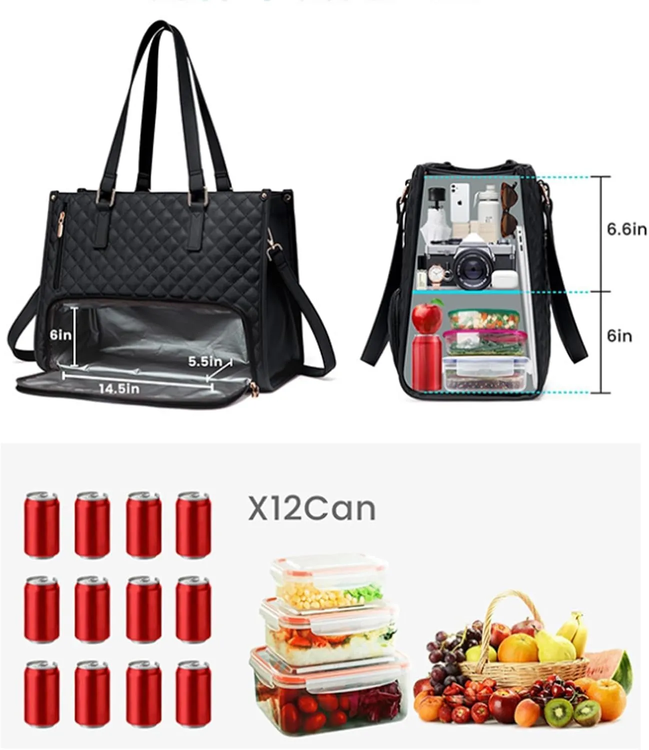 2 in 1 Insulated Lunch Tote Bag for Women with Cooler Compartment Laptop Handbag for Work Travel Waterproof Large Capacity