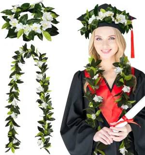 2 Pcs 2025 Hawaiian Graduation Lei 6.56 ft and Flower Headband 2025 Graduation Maile Lei Necklaces Artificial with Green Leaves for Grad Hawaiian Luau Party Wedding Summer Party Supplies