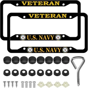 2 Pcs Aluminum Veteran License Plate Frame for U.S. Navy,4-Hole Matte Black for USN Car Licenses Plate Covers Holders Frames for Plates with Screw Caps