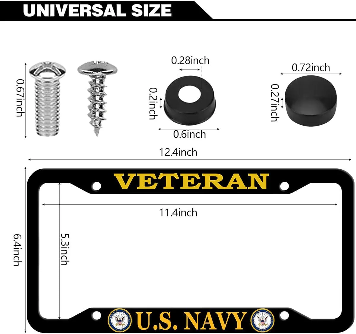 2 Pcs Aluminum Veteran License Plate Frame for U.S. Navy,4-Hole Matte Black for USN Car Licenses Plate Covers Holders Frames for Plates with Screw Caps