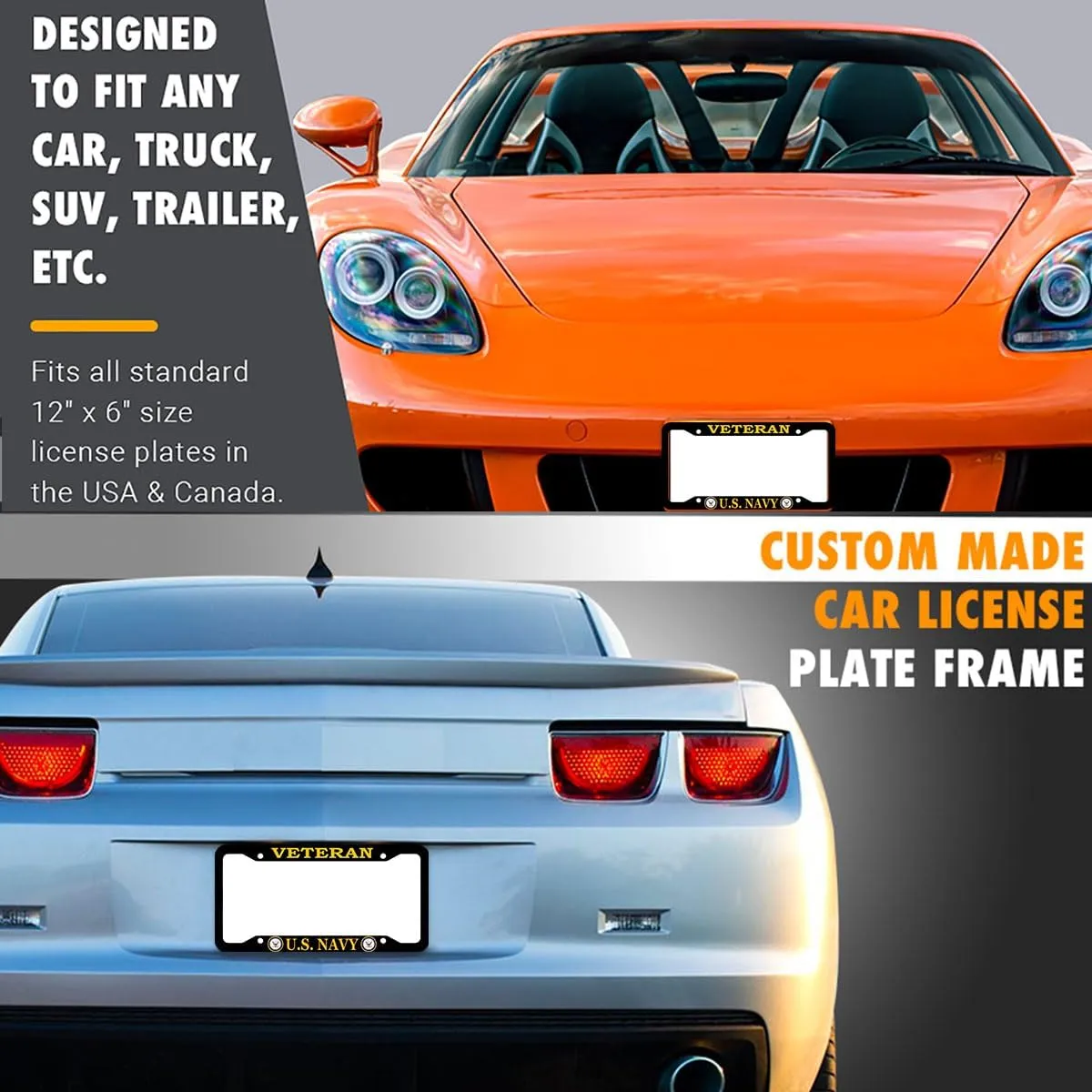 2 Pcs Aluminum Veteran License Plate Frame for U.S. Navy,4-Hole Matte Black for USN Car Licenses Plate Covers Holders Frames for Plates with Screw Caps