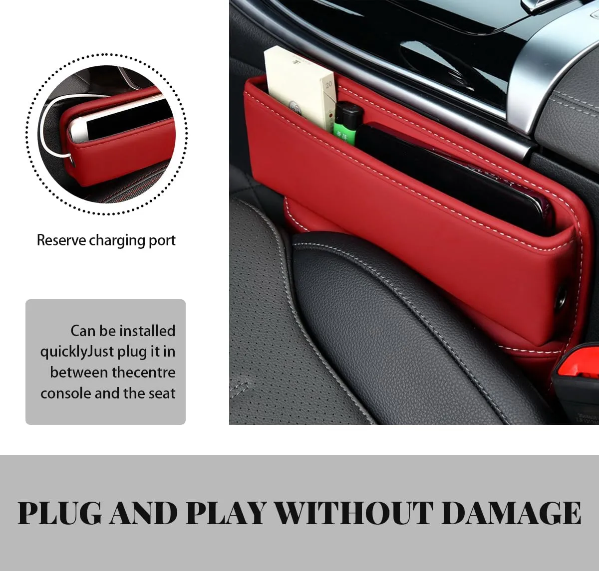 2 PCS Car Seat Gap Filler Organizer, Leather Multifunctional Seat Gap Storage Box with Cup Holder, Auto Seat Console Side Organizer for Phone Glasses Key Card, Car Accessories (Wine Red)