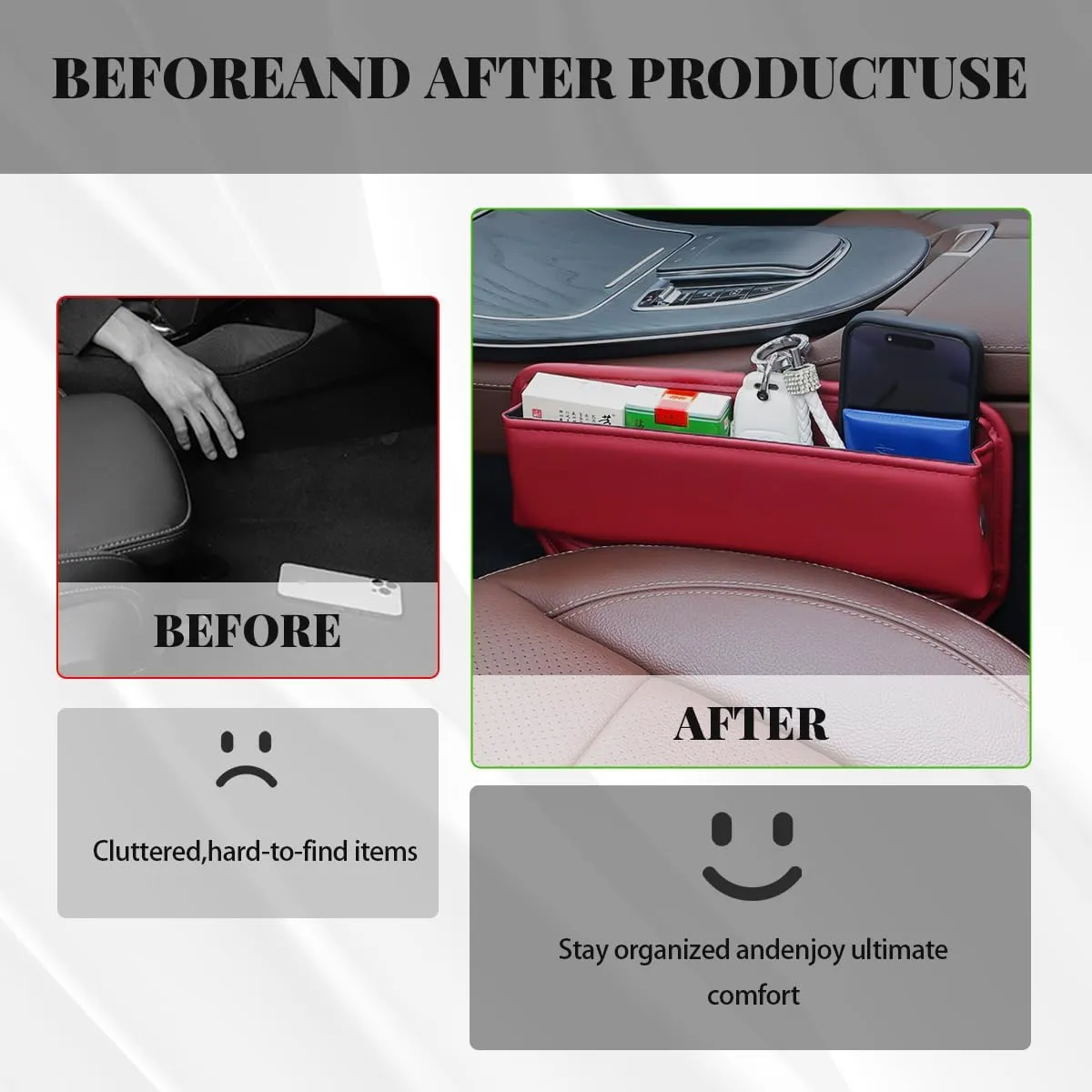2 PCS Car Seat Gap Filler Organizer, Leather Multifunctional Seat Gap Storage Box with Cup Holder, Auto Seat Console Side Organizer for Phone Glasses Key Card, Car Accessories (Wine Red)