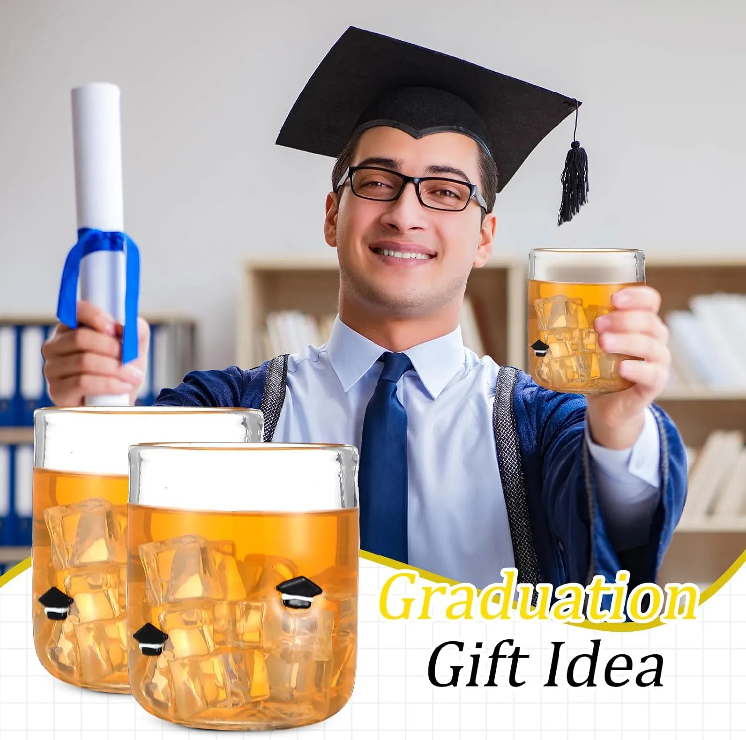 2 Pcs Graduation Icon Juice Glasses, 14oz Graduation Hat Stemless Wine Drinking Juice Glass Cup for Class of 2025 Party Supplies Gift