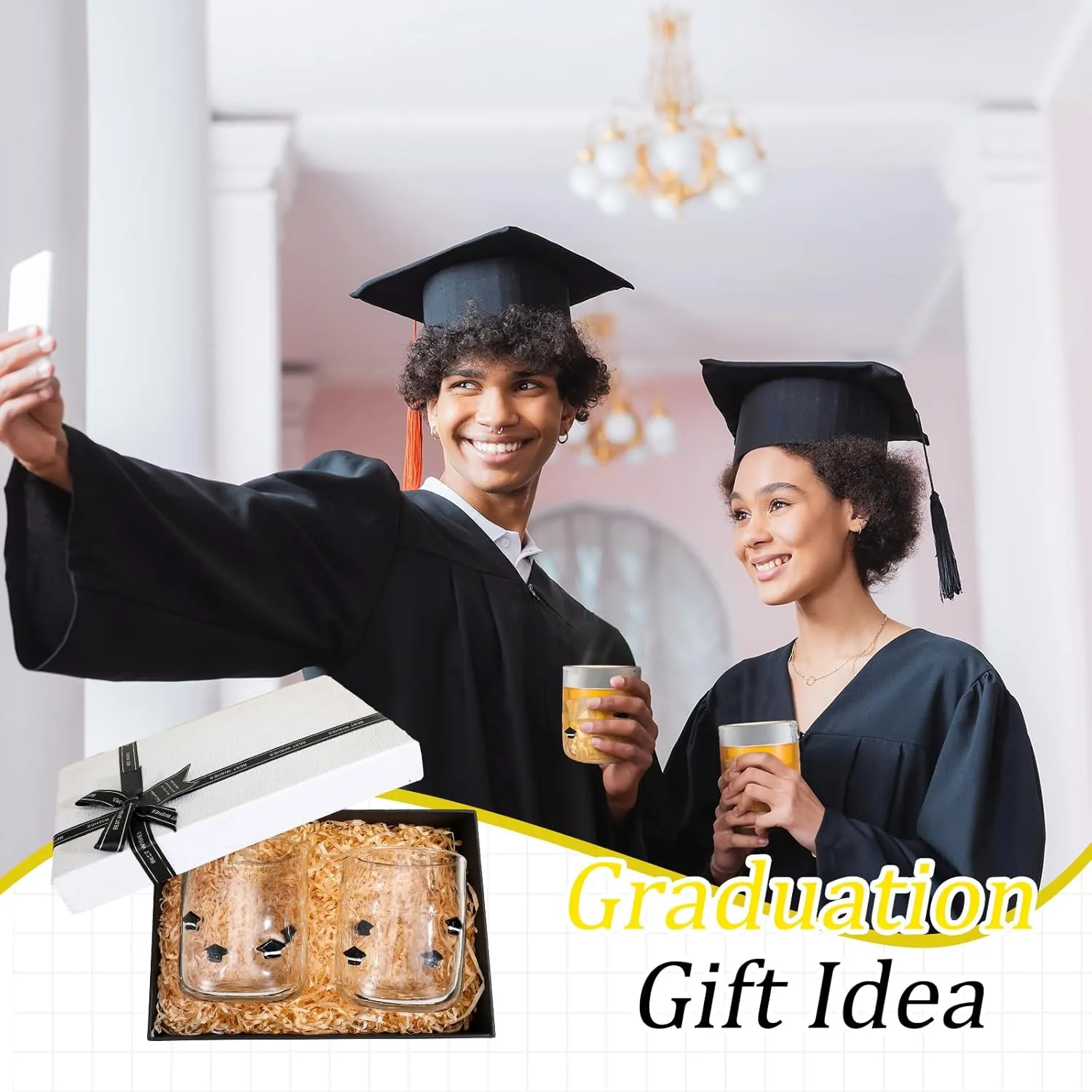 2 Pcs Graduation Icon Juice Glasses, 14oz Graduation Hat Stemless Wine Drinking Juice Glass Cup for Class of 2025 Party Supplies Gift