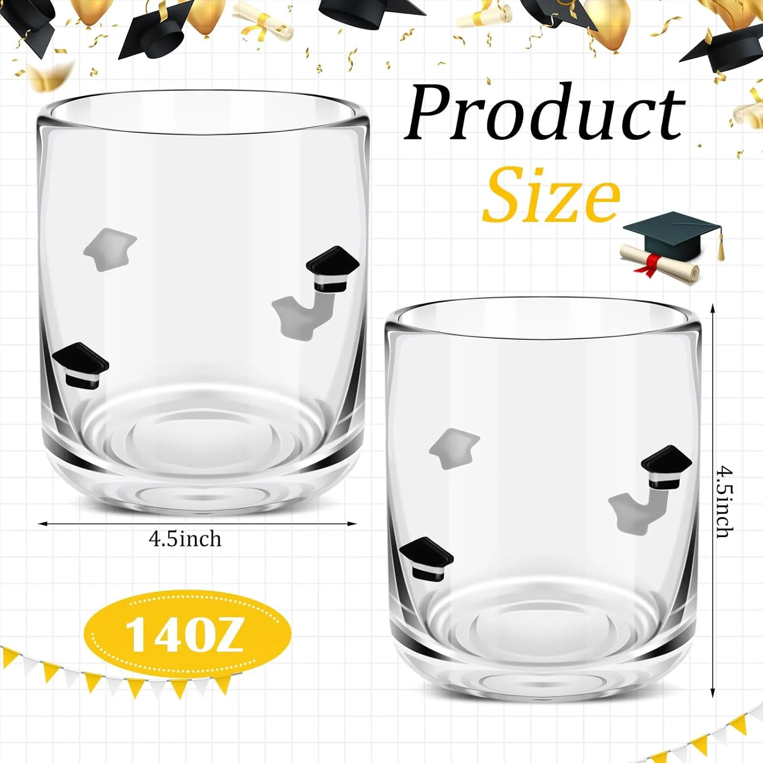2 Pcs Graduation Icon Juice Glasses, 14oz Graduation Hat Stemless Wine Drinking Juice Glass Cup for Class of 2025 Party Supplies Gift