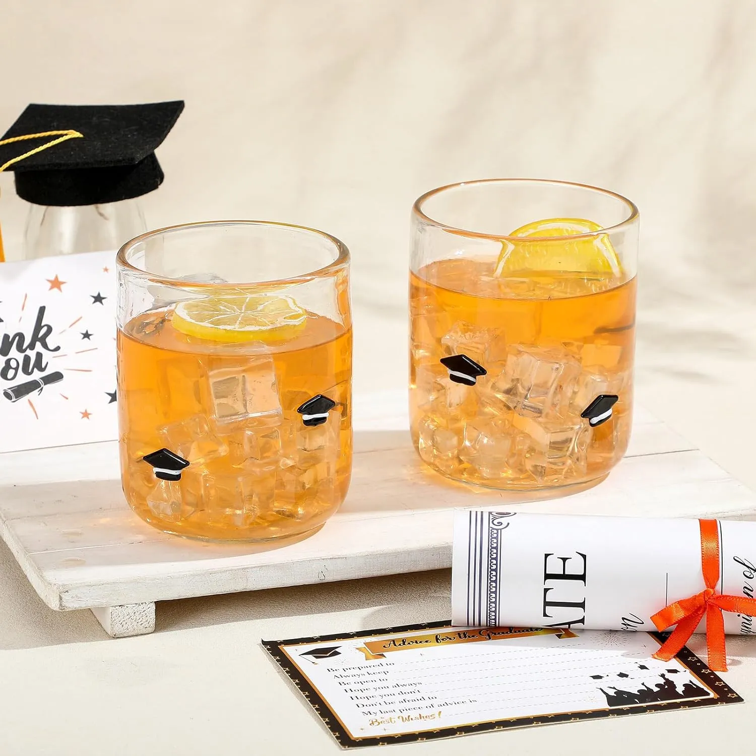 2 Pcs Graduation Icon Juice Glasses, 14oz Graduation Hat Stemless Wine Drinking Juice Glass Cup for Class of 2025 Party Supplies Gift