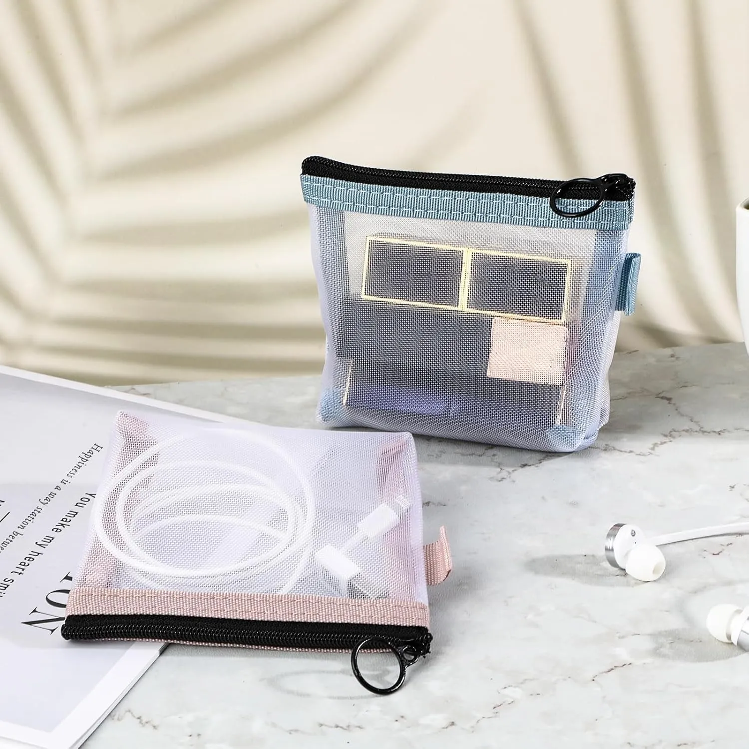 2 Pcs Mini Zipper Toiletry Bag, Mini Mesh Makeup Bag, Nylon Waterproof Small Purse, Small Make up Bag Travel Pouch with Zipper Portable Makeup Pouch Travel Toiletry Bag