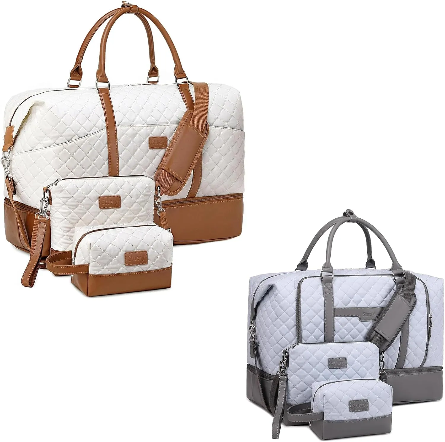 2 Set White Brown   Grey Blue Weekender Bags for Women with Toiletry Bags