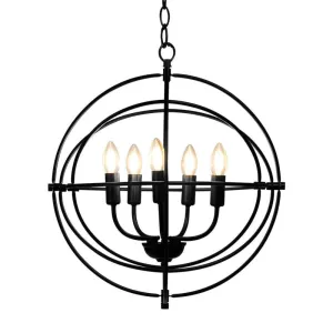 20 Inch 5 Lights Metal Chandelier with Pivoting Interlocking Rings - Color: Blac