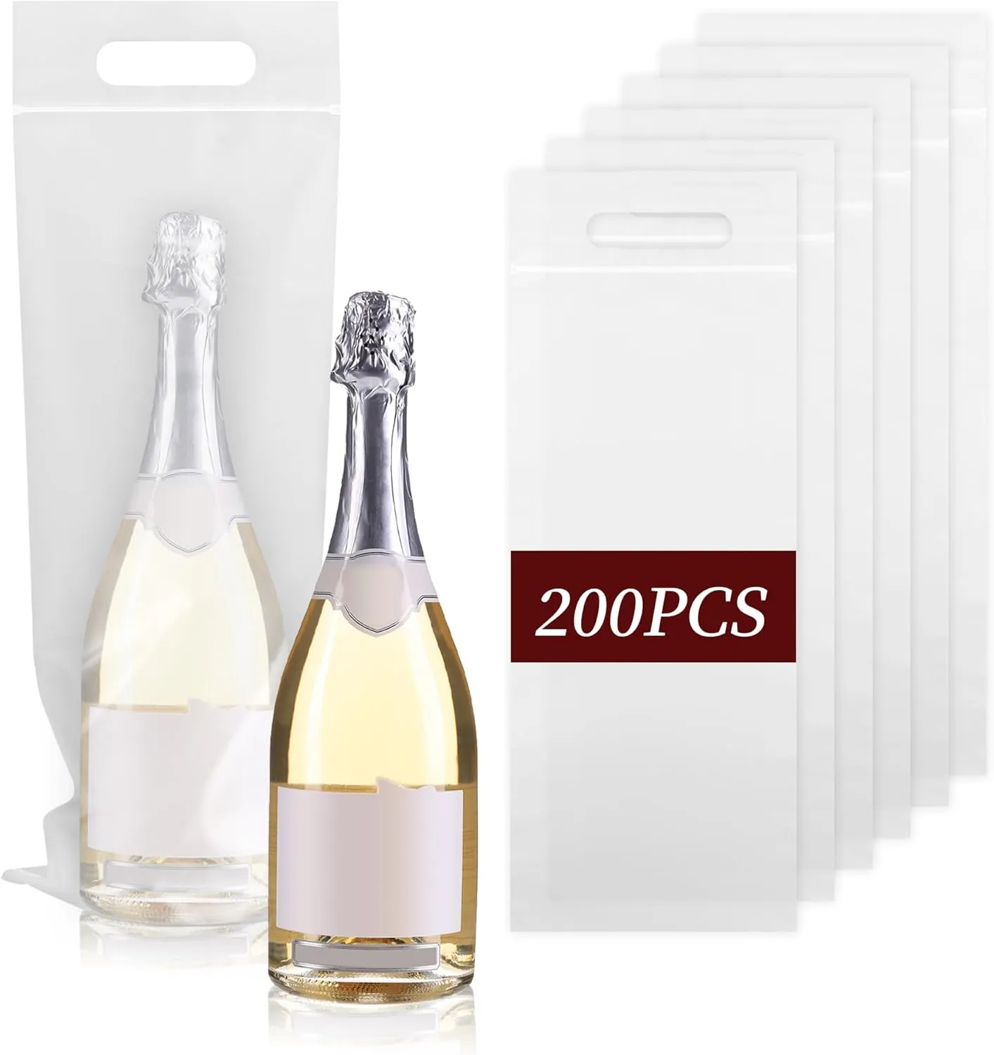 200 Pcs To Go Bags for Wine with Handles - 6.3" x 15.7" Thick Clear Plastic Bags with Handles - Great for Restaurant Bar Party Wedding Travel Gifts - Tamper Proof Seal