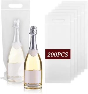 200 Pcs To Go Bags for Wine with Handles - 6.3" x 15.7" Thick Clear Plastic Bags with Handles - Great for Restaurant Bar Party Wedding Travel Gifts - Tamper Proof Seal