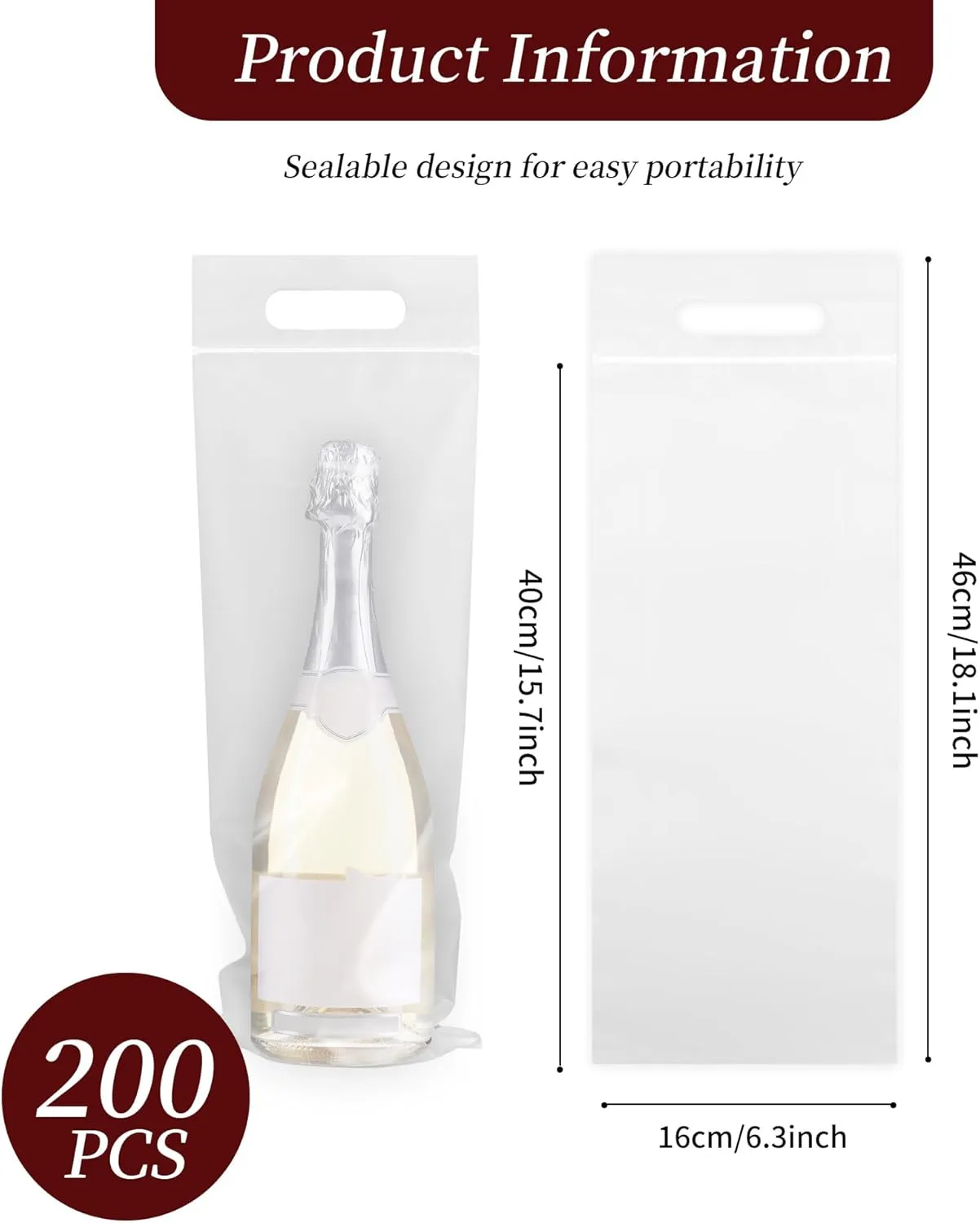 200 Pcs To Go Bags for Wine with Handles - 6.3" x 15.7" Thick Clear Plastic Bags with Handles - Great for Restaurant Bar Party Wedding Travel Gifts - Tamper Proof Seal